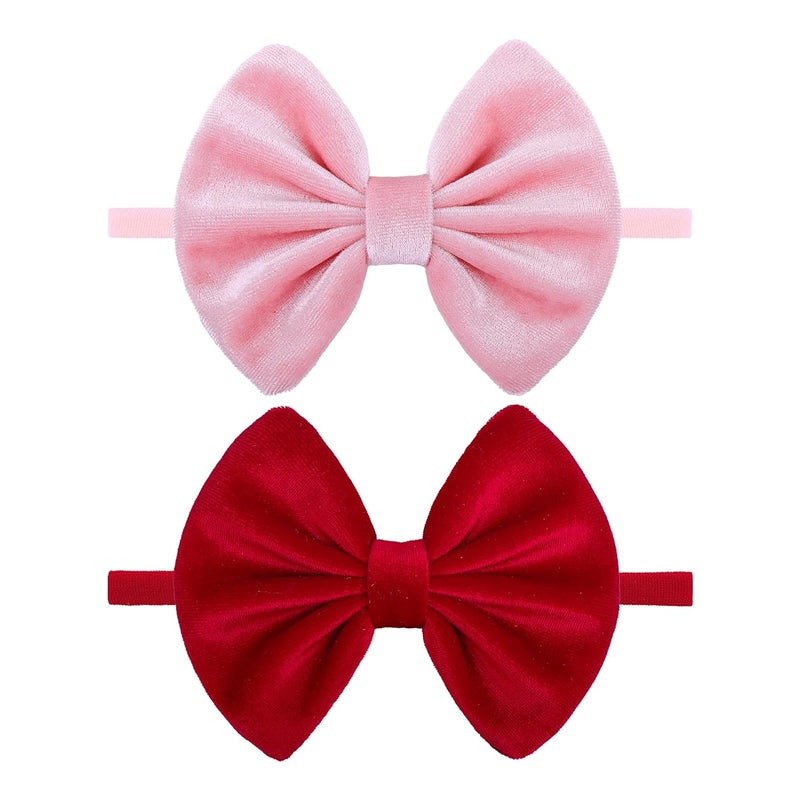 ONENINEDREAM Velvet Baby Girls Bows Elastic Nylon Headbands Red Pink Handmade Newborn Bows Hairbands Infants Toddlers Hair Accessories 3 Pcs Red Rose Pink - Image 1